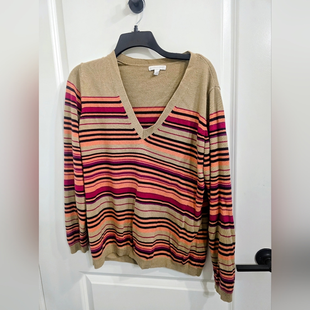 New York & Company Multicolor Striped V-Neck Sweater